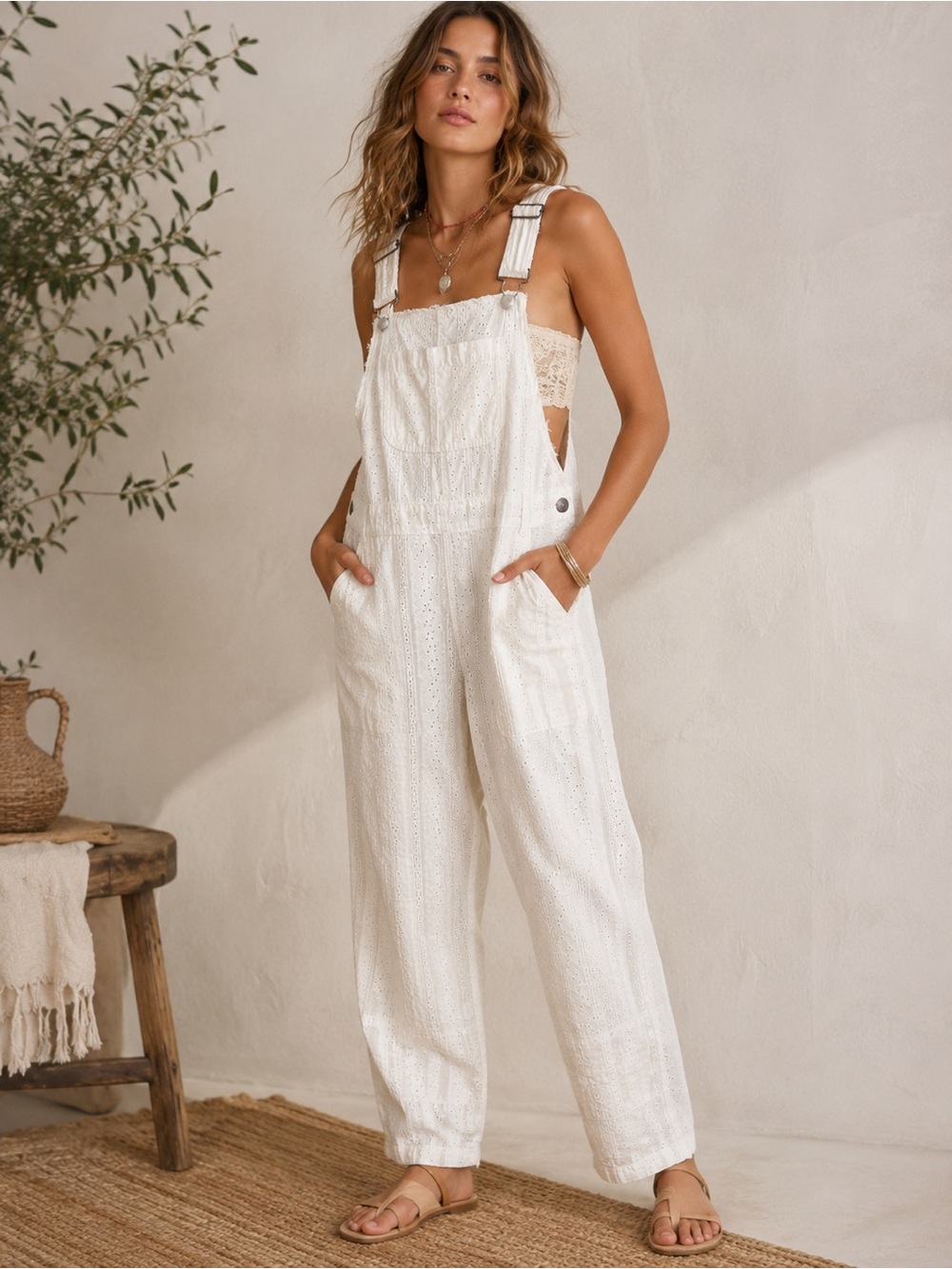 Free People Eyelet Patchwork Overalls Jumpsuit Size 6
